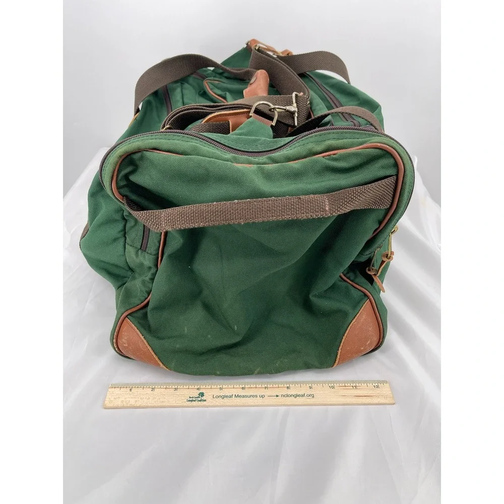 Vintage LL Bean Duffle Bag Green Canvas Leather Trim Weekender